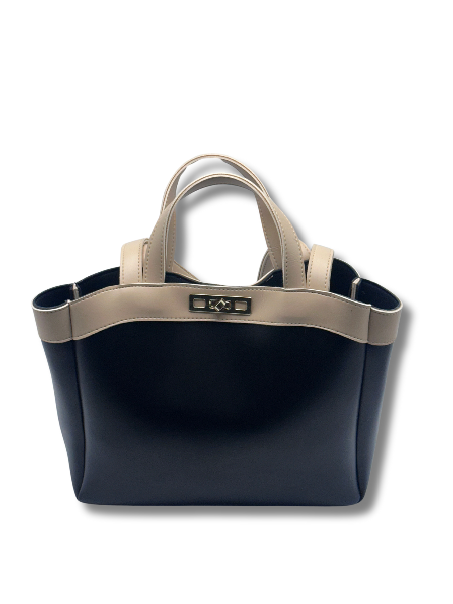 Stylish black and beige handbag with double handles and gold-tone hardware