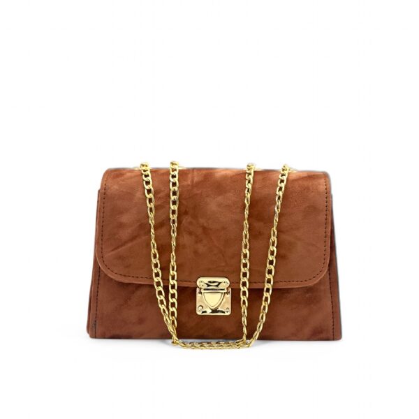 Suede Shoulder Sag with gold chain strap and a clasp closure