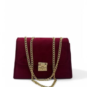 Maroon Suede Shoulder bag with gold chain strap and a clasp closure