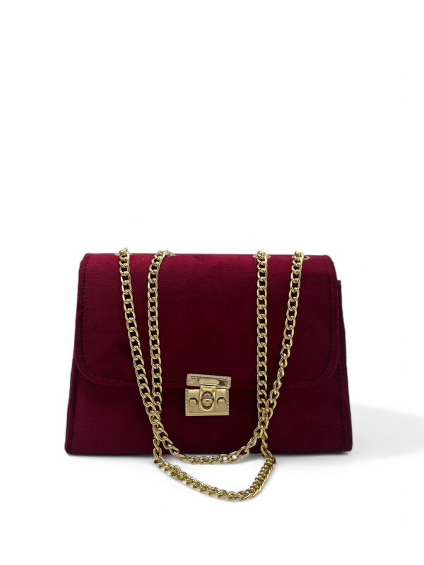 Maroon Suede Shoulder bag with gold chain strap and a clasp closure