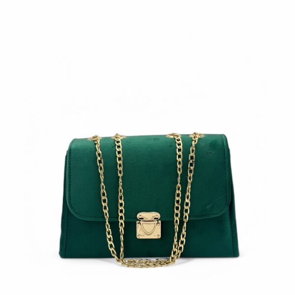 Brown Suede shoulder bag with gold chain strap and a clasp closure