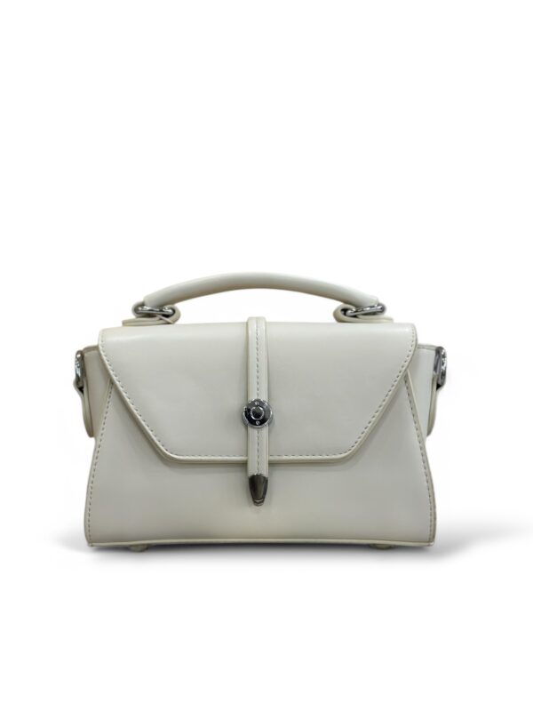 Elegant white mini satchel handbag with a sleek design and silver clasp.