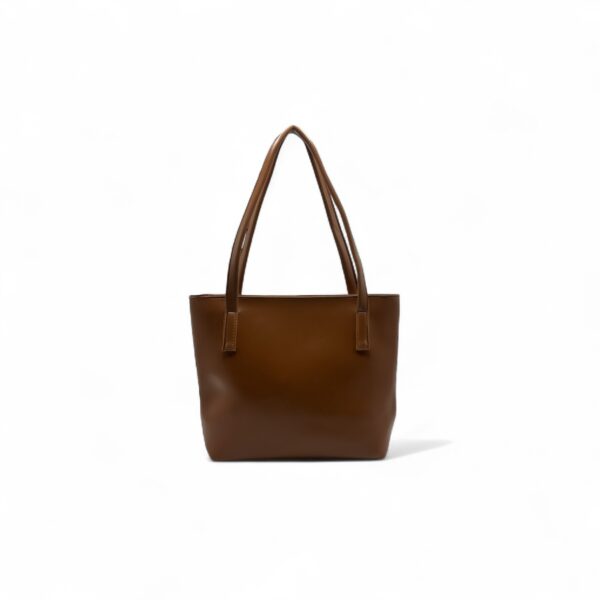 Minimalist brown leather tote bag with long handles