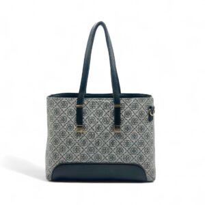 Elegant Tory Burch handbag with a signature pattern and black leather detailing